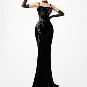 Vintage Black Floral Beaded Knit Velvet Bodycon Maxi Cocktail Prom Dress Size L